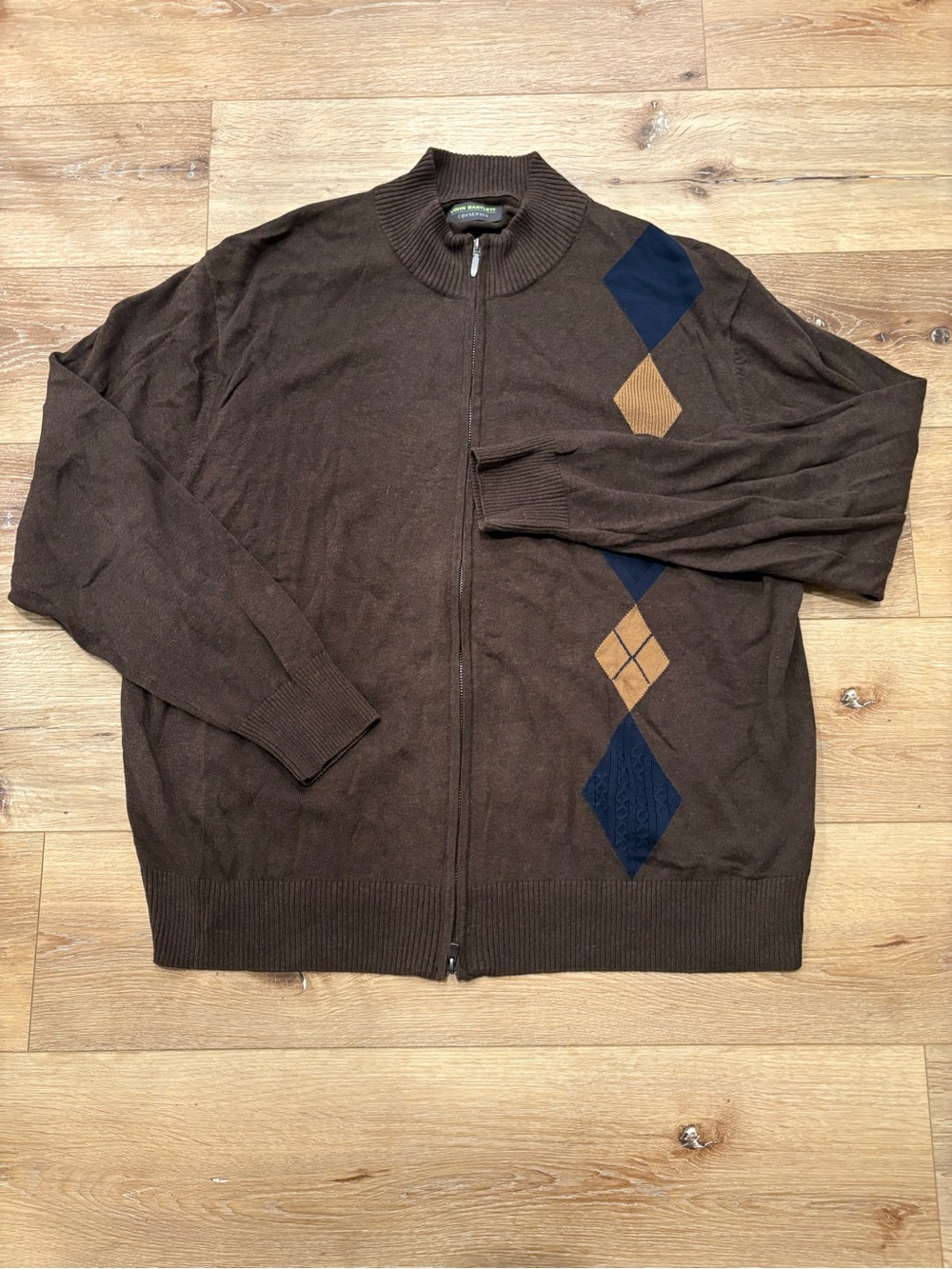 John Bartlett Consensus Men's Brown Full-Zip Argyle Sweater - Brown/Navy Size XL